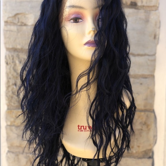 Long blue curly Freeparting wig main image 8